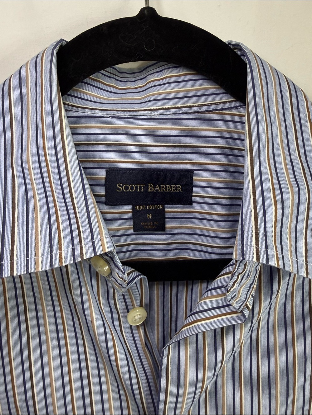 Scott Barber Men’s Blue Brown Striped Cotton Button Down Dress Shirt, Size M - Picture 2 of 5